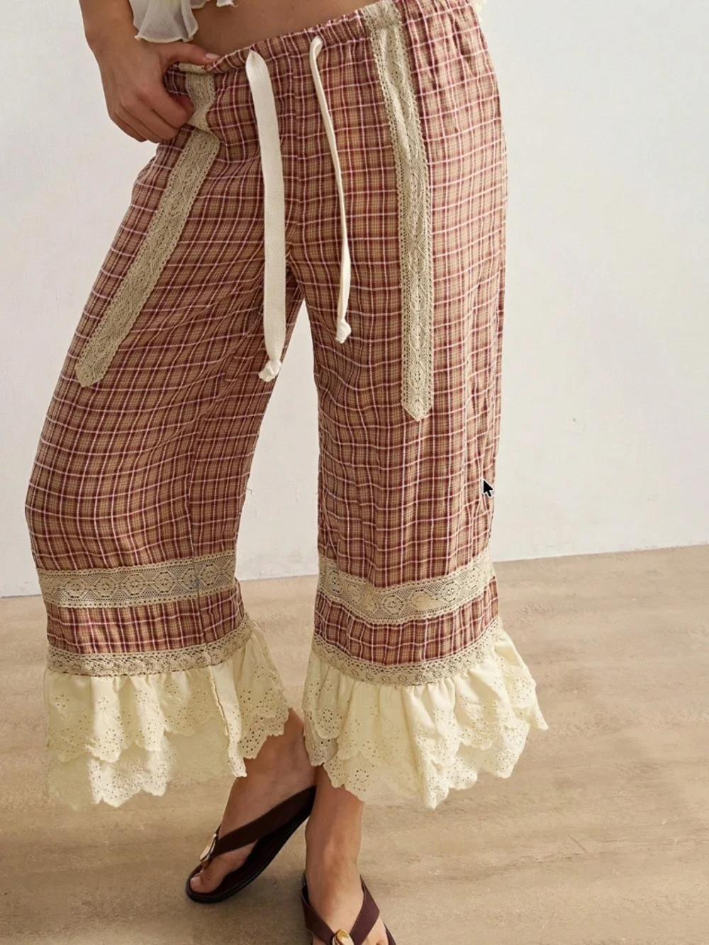 Boho Plaid print Eyelet Double Ruffe Stretchy Waist Bloomer Pants - Picture 3 of 4